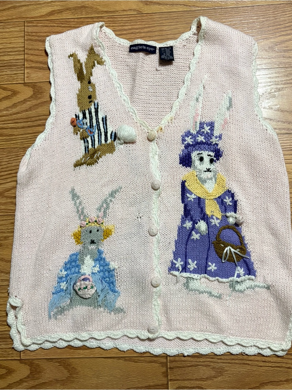 Vintage Eagles Eye Hand Knit Easter Bunny Spring Sweater Vest Grannycore XL